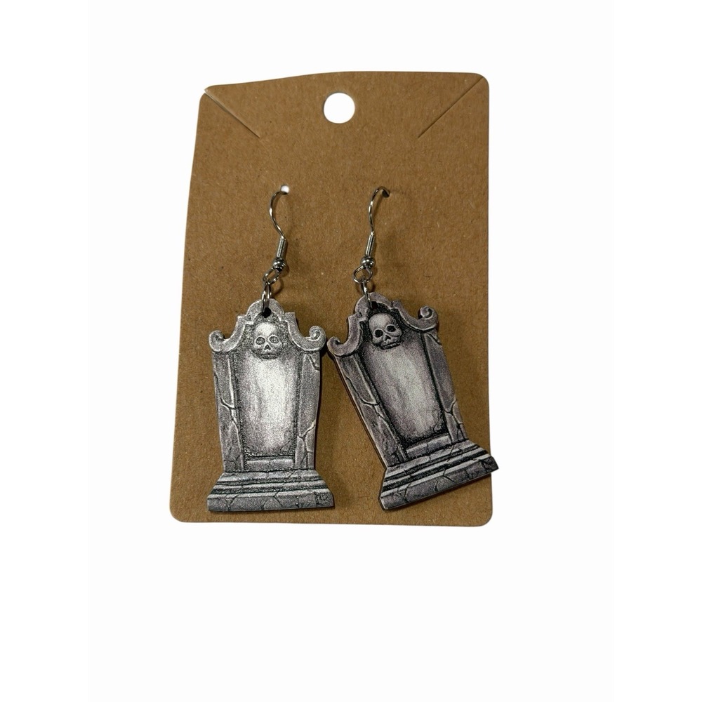 Gothic Tombstone Skull Drop Earrings Silver Black‎ Halloween Spooky Gravestone